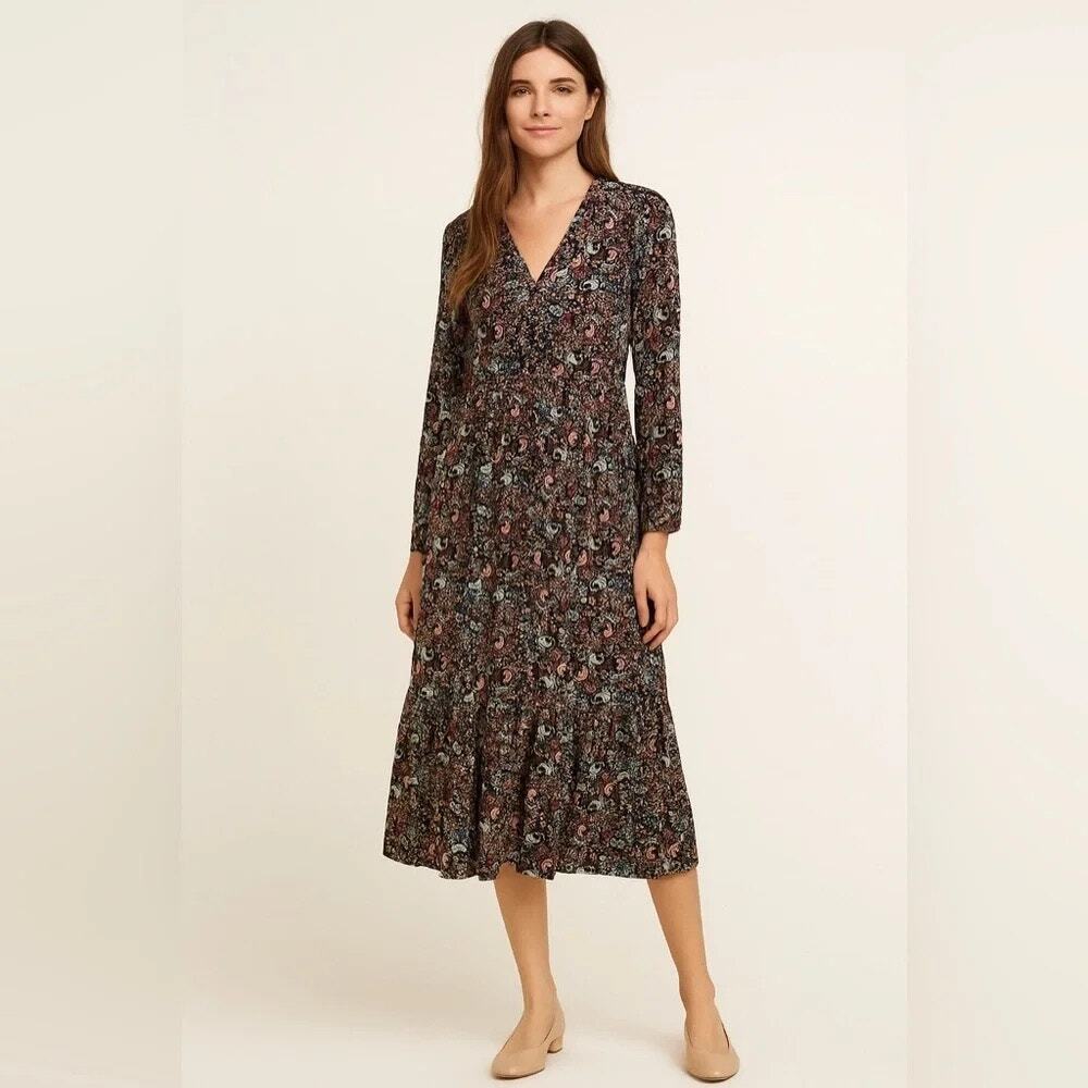 J. Jill Paisley Floral Midi Dress | Multicolor | Long Sleeve | Size S